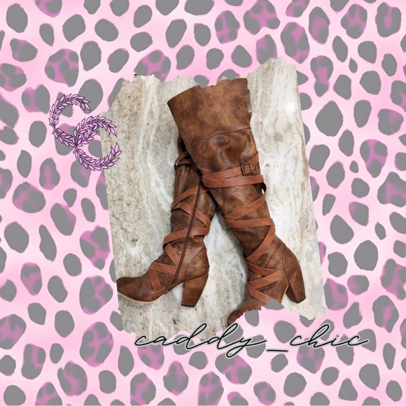 Michael Antonio Shoes - Michael Antonio Brown Faux Leather Belted Boots Size 9 – 20” Shaft 3.75”Heel EUC